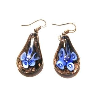 Gold & blue glass teardrop shaped earrings